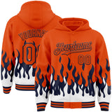 Custom Orange Navy-White Fire Flame Bomber Full-Snap Varsity Letterman Hoodie Jacket