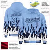 Custom Light Blue Navy-White Fire Flame Bomber Full-Snap Varsity Letterman Hoodie Jacket