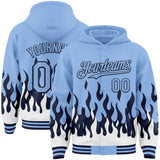 Custom Light Blue Navy-White Fire Flame Bomber Full-Snap Varsity Letterman Hoodie Jacket