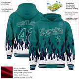Custom Teal Navy White-Gray Fire Flame Bomber Full-Snap Varsity Letterman Hoodie Jacket