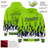 Custom Neon Green Navy-White Fire Flame Bomber Full-Snap Varsity Letterman Hoodie Jacket