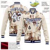 Custom Cream White-Navy Vintage Western Cowboy Bomber Full-Snap Varsity Letterman Jacket