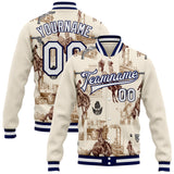 Custom Cream White-Navy Vintage Western Cowboy Bomber Full-Snap Varsity Letterman Jacket