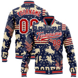 Custom Navy Red Cream-White Western Cowboy American Flag Bomber Full-Snap Varsity Letterman Jacket