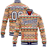Custom Red White-Navy Southwestern Geometric Aztec Bomber Full-Snap Varsity Letterman Jacket