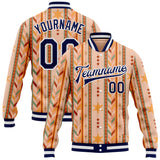 Custom Red Navy Yellow-White Southwestern Geometric Aztec Bomber Full-Snap Varsity Letterman Jacket