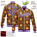 Custom Brown Purple-White Southwestern Geometric Aztec Bomber Full-Snap Varsity Letterman Jacket