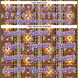 Custom Brown Purple-White Southwestern Geometric Aztec Bomber Full-Snap Varsity Letterman Jacket