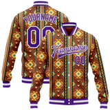 Custom Brown Purple-White Southwestern Geometric Aztec Bomber Full-Snap Varsity Letterman Jacket