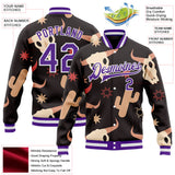 Custom Black Purple-White Western Cow Skull Cactus Bomber Full-Snap Varsity Letterman Jacket