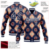 Custom Navy-White Southwestern Geometric Aztec Bomber Full-Snap Varsity Letterman Jacket