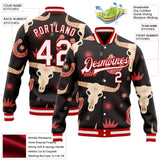 Custom Black White-Red Western Cow Skull Horseshoe Bomber Full-Snap Varsity Letterman Jacket