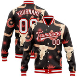 Custom Black White-Red Western Cow Skull Horseshoe Bomber Full-Snap Varsity Letterman Jacket