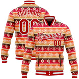 Custom Red-White Southwestern Geometric Aztec Bomber Full-Snap Varsity Letterman Jacket