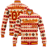 Custom Red Gold-White Southwestern Geometric Aztec Bomber Full-Snap Varsity Letterman Jacket
