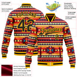 Custom Red Black Gold-White Southwestern Geometric Aztec Bomber Full-Snap Varsity Letterman Jacket