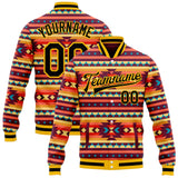 Custom Red Black Gold-White Southwestern Geometric Aztec Bomber Full-Snap Varsity Letterman Jacket