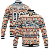 Custom Cream White-Black Southwestern Geometric Aztec Bomber Full-Snap Varsity Letterman Jacket