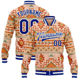Custom Red Royal-White Southwestern Geometric Aztec Bomber Full-Snap Varsity Letterman Jacket