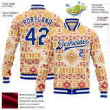 Custom Cream Royal-White Southwestern Geometric Aztec Bomber Full-Snap Varsity Letterman Jacket