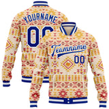 Custom Cream Royal-White Southwestern Geometric Aztec Bomber Full-Snap Varsity Letterman Jacket