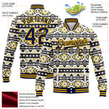 Custom White Navy-Gold Southwestern Geometric Aztec Bomber Full-Snap Varsity Letterman Jacket