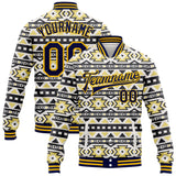Custom White Navy-Gold Southwestern Geometric Aztec Bomber Full-Snap Varsity Letterman Jacket