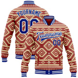 Custom Red Royal-White Southwestern Geometric Aztec Bomber Full-Snap Varsity Letterman Jacket
