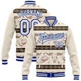 Custom Cream White-Royal Southwestern Geometric Cow Skull Aztec Bomber Full-Snap Varsity Letterman Jacket