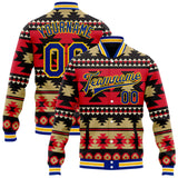 Custom Red Royal Yellow-White Southwestern Geometric Aztec Bomber Full-Snap Varsity Letterman Jacket