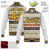 Custom White Gold-Navy Southwestern Geometric Aztec Bomber Full-Snap Varsity Letterman Jacket