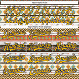 Custom White Gold-Navy Southwestern Geometric Aztec Bomber Full-Snap Varsity Letterman Jacket