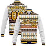 Custom White Gold-Navy Southwestern Geometric Aztec Bomber Full-Snap Varsity Letterman Jacket