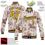 Custom White Gold-Navy Western Cowboy Bomber Full-Snap Varsity Letterman Jacket