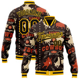 Custom Brown Black Gold-White Vintage Western Cowboy Bomber Full-Snap Varsity Letterman Jacket