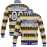 Custom Cream White-Royal Southwestern Geometric Aztec Bomber Full-Snap Varsity Letterman Jacket