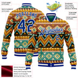 Custom Green Royal-White Southwestern Geometric Aztec Bomber Full-Snap Varsity Letterman Jacket