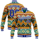 Custom Green Royal-White Southwestern Geometric Aztec Bomber Full-Snap Varsity Letterman Jacket