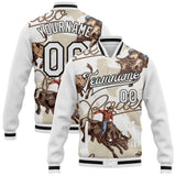 Custom White-Black Vintage Western Cowboy Bomber Full-Snap Varsity Letterman Jacket