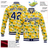 Custom Cream Navy Yellow-White Hawaii State Flower Yellow Hibiscus Bomber Full-Snap Varsity Letterman Jacket