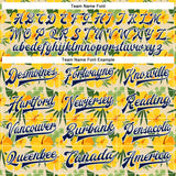 Custom Cream Navy Yellow-White Hawaii State Flower Yellow Hibiscus Bomber Full-Snap Varsity Letterman Jacket