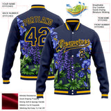 Custom Navy Gold-White Texas State Flower Bluebonnet Bomber Full-Snap Varsity Letterman Jacket