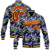 Custom Navy Red Gold-White Floral Bomber Full-Snap Varsity Letterman Jacket