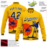 Custom Gold Black-White Hawaii Palm Trees Sunset Bomber Full-Snap Varsity Letterman Jacket