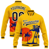 Custom Gold Black-White Hawaii Palm Trees Sunset Bomber Full-Snap Varsity Letterman Jacket