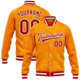 Custom Orange Red-White Hawaiian Tropical Leaves Floral Bomber Full-Snap Varsity Letterman Jacket