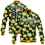 Custom Green Black-White Hawaiian Tropical State Flower Hibiscus Bomber Full-Snap Varsity Letterman Jacket