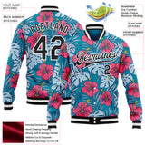 Custom Blue Black-White Hawaii Hibiscus Tropical Leaves Bomber Full-Snap Varsity Letterman Jacket