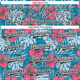 Custom Blue Black-White Hawaii Hibiscus Tropical Leaves Bomber Full-Snap Varsity Letterman Jacket