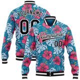 Custom Blue Black-White Hawaii Hibiscus Tropical Leaves Bomber Full-Snap Varsity Letterman Jacket